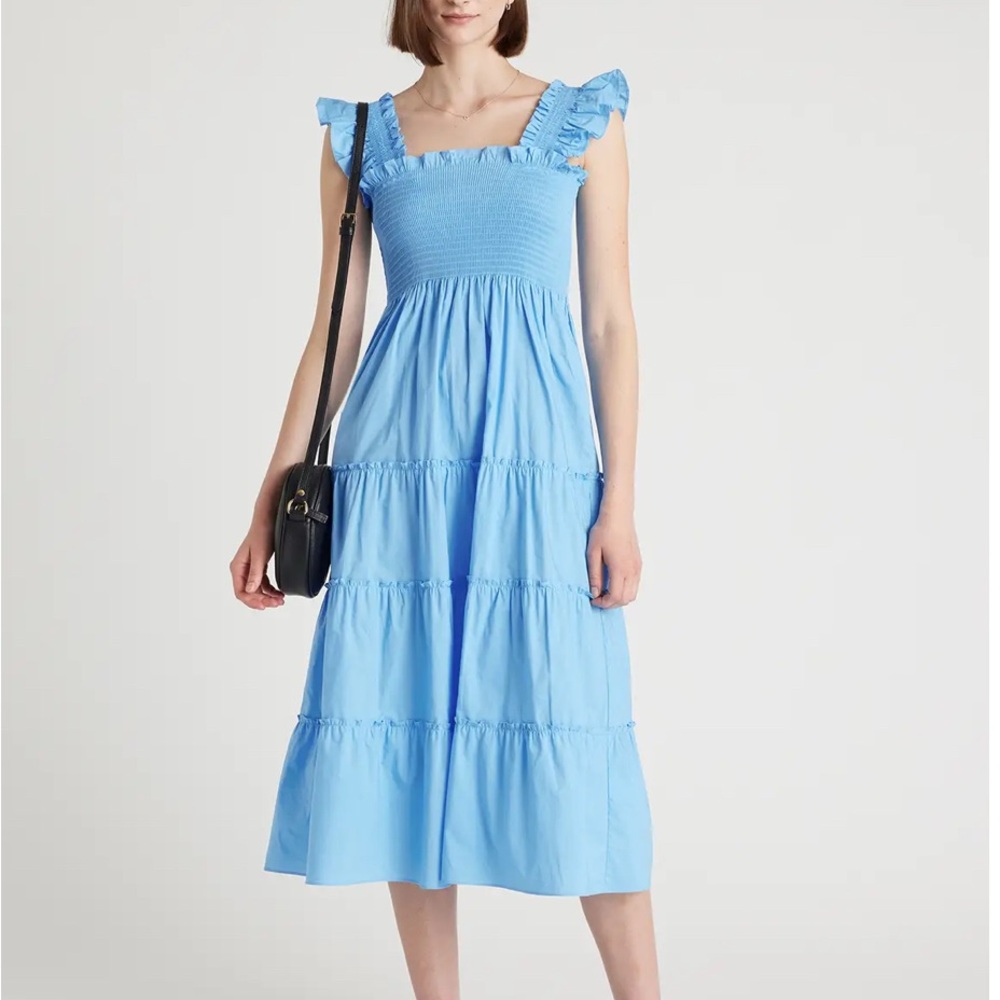 Quince Sky Blue Maxi Dress 100% Organic Cotton Poplin Smocked Midi Dress Size MD